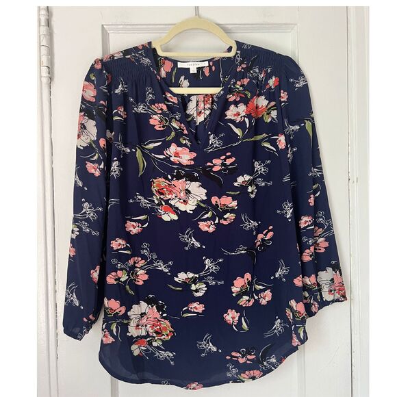 FUN2FUN Blouse Kinny Split Neck Women's Size S Navy Blue Floral Top 3/4 Sleeve - Picture 1 of 7